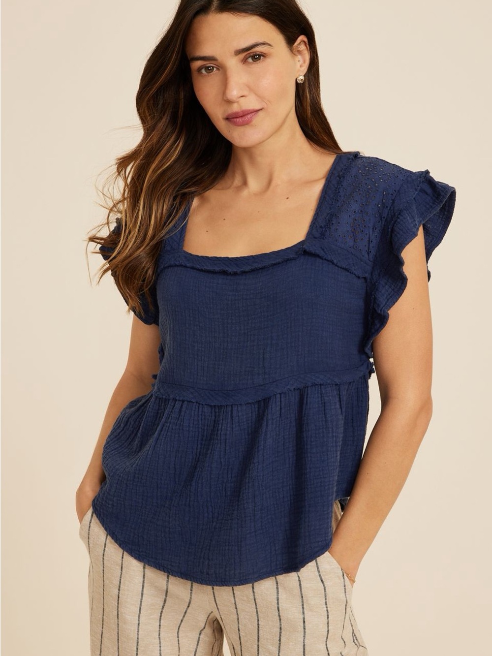 Eyelet Short Sleeve Cotton Gauze Babydoll Blouse